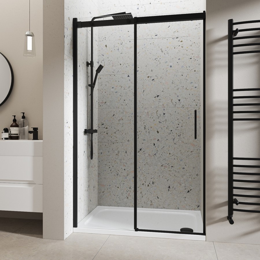 GRADE A1 - Black 1200mm Frameless Sliding Shower Door- Aqulia 