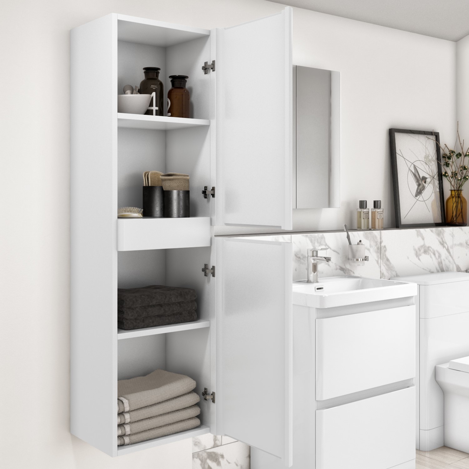 Grade A1 White Wall Hung Tall Bathroom Cabinet 400mm Pendle Better Bathrooms