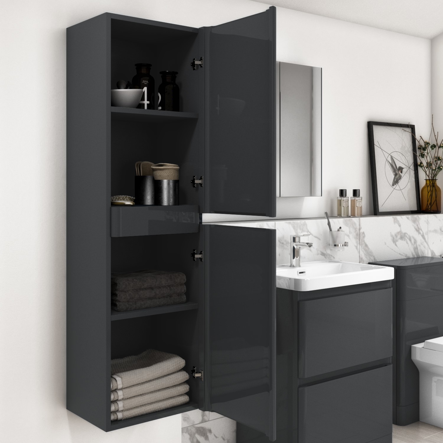 Grade A1 Dark Grey Wall Hung Tall Bathroom Cabinet 400mm Pendle Better Bathrooms