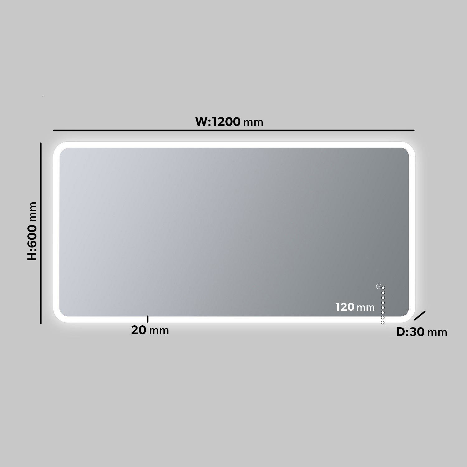Rectangular Heated Bathroom Mirror with Lights 1200 x 600m -Ariel ...