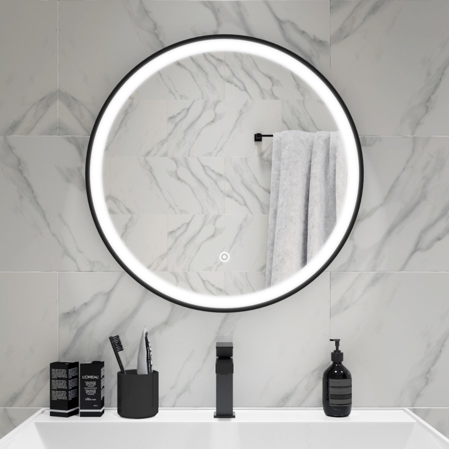 GRADE A1 - Round Black LED Bathroom Mirror with Demister 600mm -Antares 