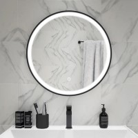 GRADE A1 - Round Black LED Bathroom Mirror with Demister 600mm -Antares 