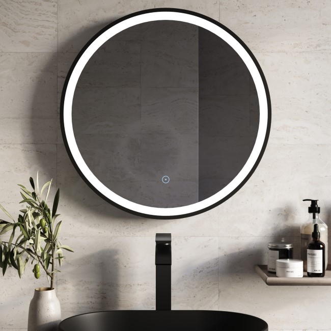 Round Black LED Heated Bathroom Mirror 600mm Antares Better Bathrooms