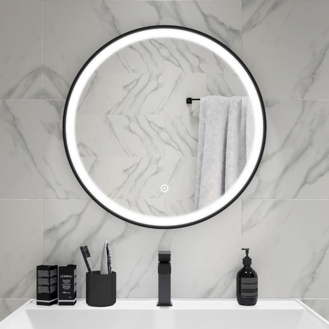 Round Black LED Heated Bathroom Mirror 600mm - Antares