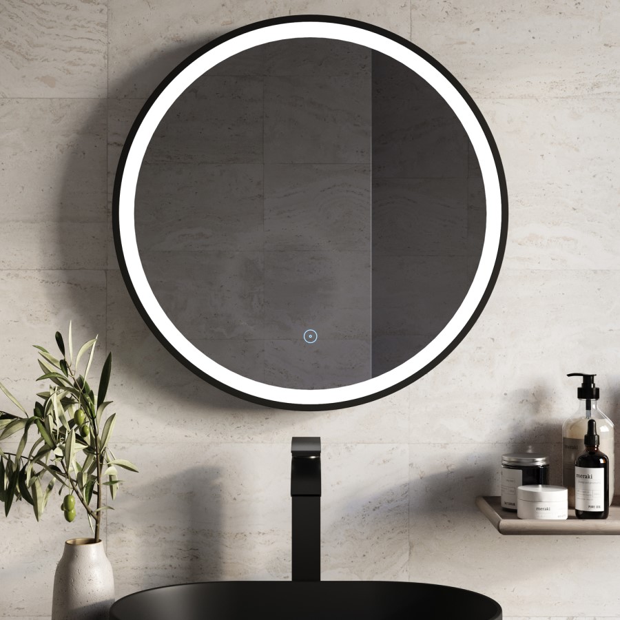 Round Black Heated Bathroom Mirror with Lights 600mm - Antares