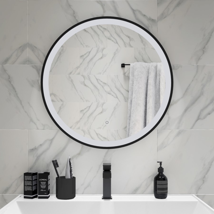 GRADE A1 - Round Black LED Bathroom Mirror with Demister 600mm -Antares 