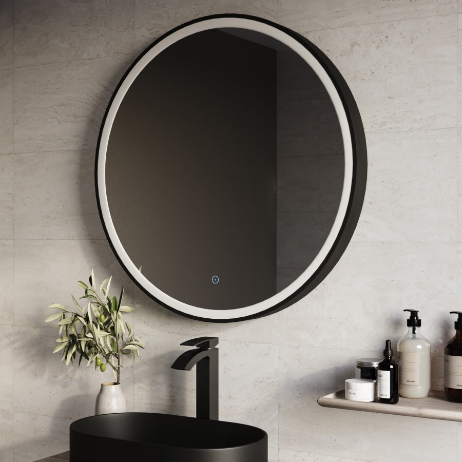 Round Black Heated Bathroom Mirror with Lights 600mm - Antares