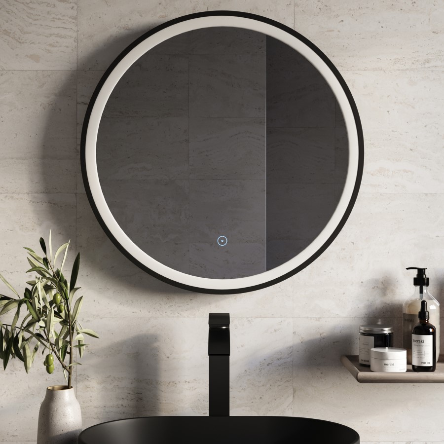 Round Black Heated Bathroom Mirror with Lights 600mm - Antares