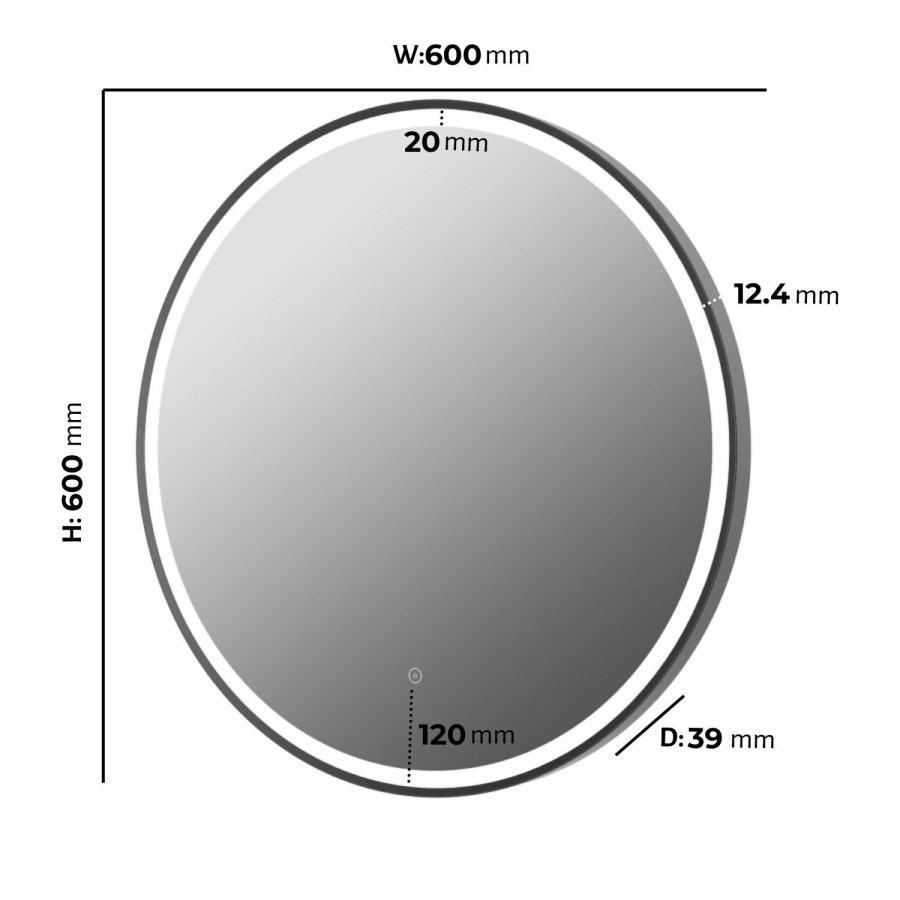 Round Black Heated Bathroom Mirror with Lights 600mm - Antares