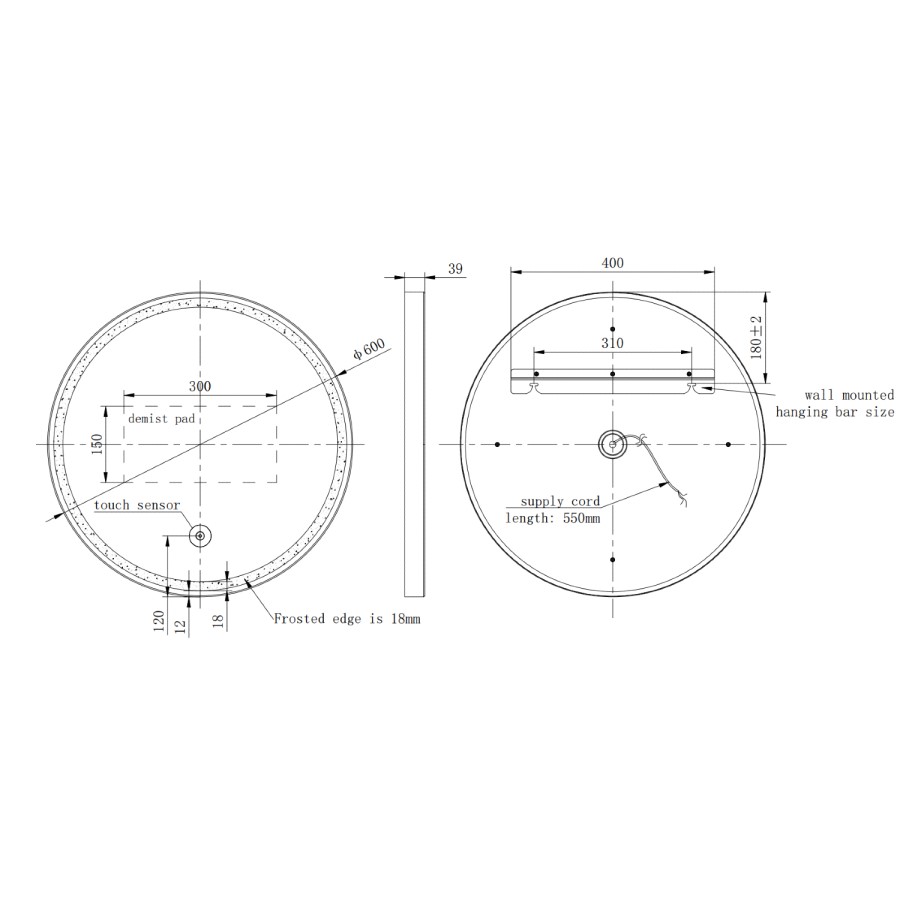 Round Black Heated Bathroom Mirror with Lights 600mm - Antares