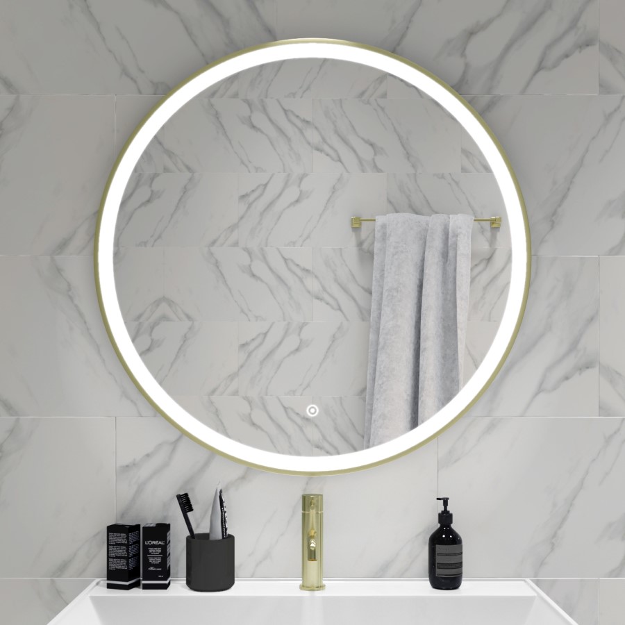 GRADE A2 - Round Brass LED Bathroom Mirror with Demister 800mm - Antares 