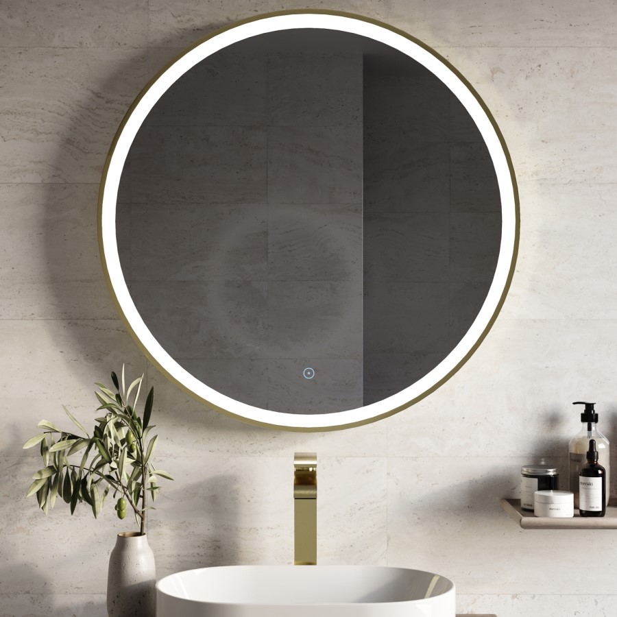 Round Brass Heated Bathroom Mirror with Lights 800mm - Antares
