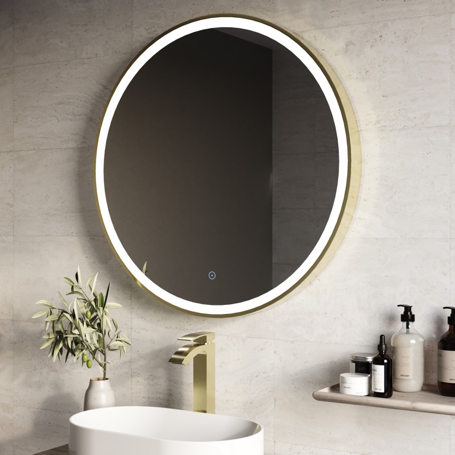 Round Brass Heated Bathroom Mirror with Lights 800mm - Antares