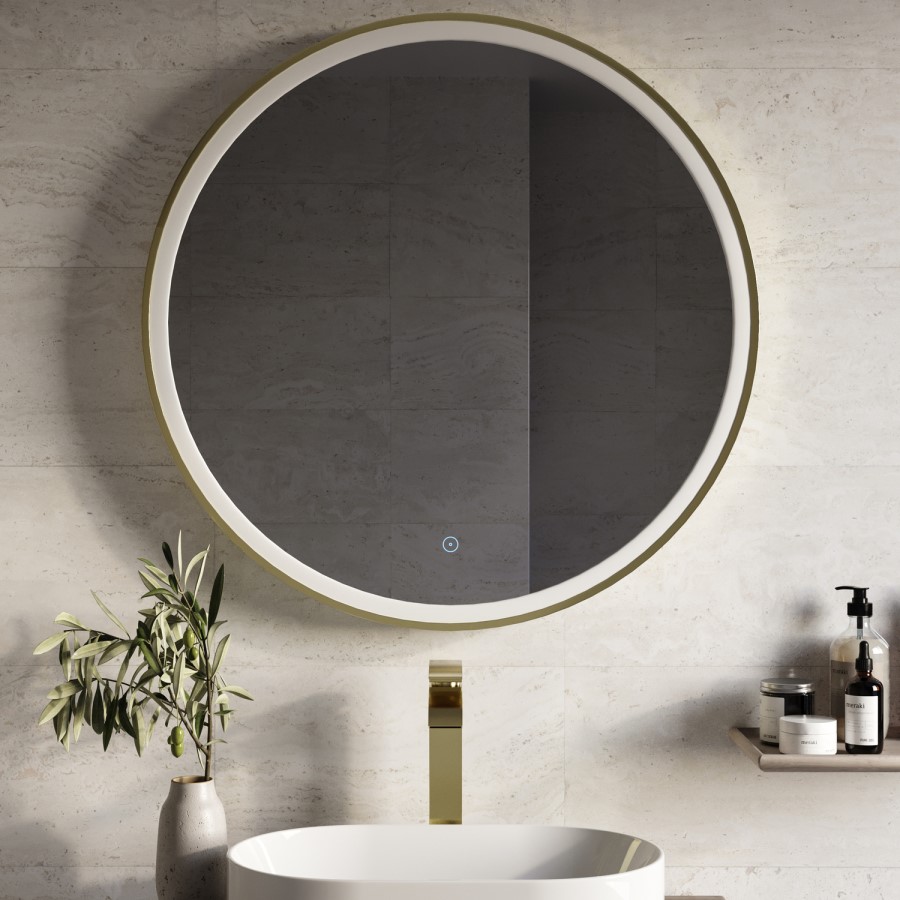 Round Brass Heated Bathroom Mirror with Lights 800mm - Antares