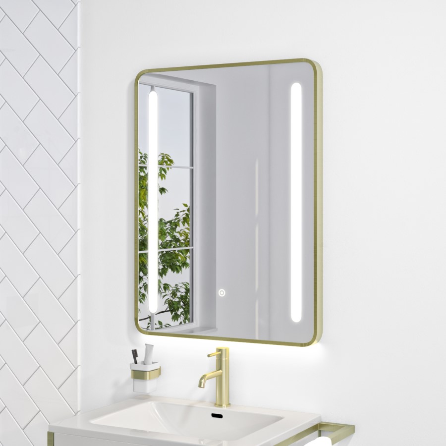 GRADE A1 - Rectangular Brass LED Bathroom Mirror with Demister 600 x 800mm - Lepus 