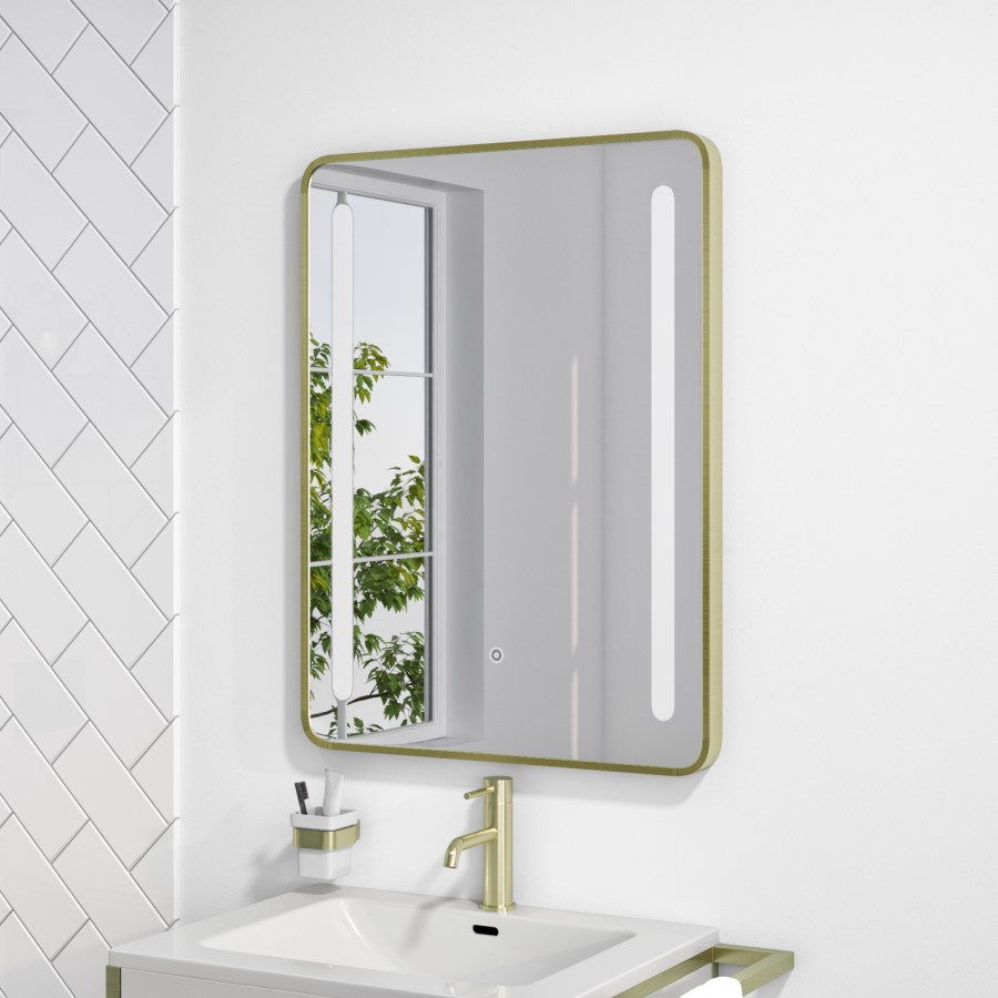 GRADE A1 - Rectangular Brass LED Bathroom Mirror with Demister 600 x 800mm - Lepus 