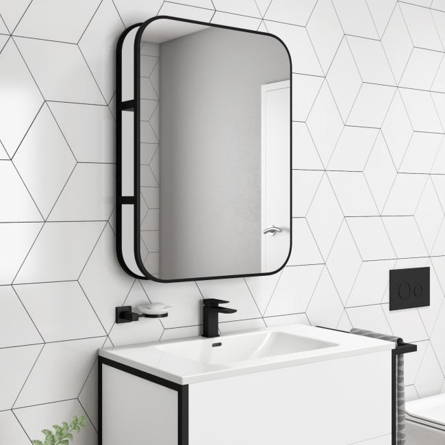 Rectangular Black Industrial Bathroom Mirror with Shelf 600x800mm Lyra