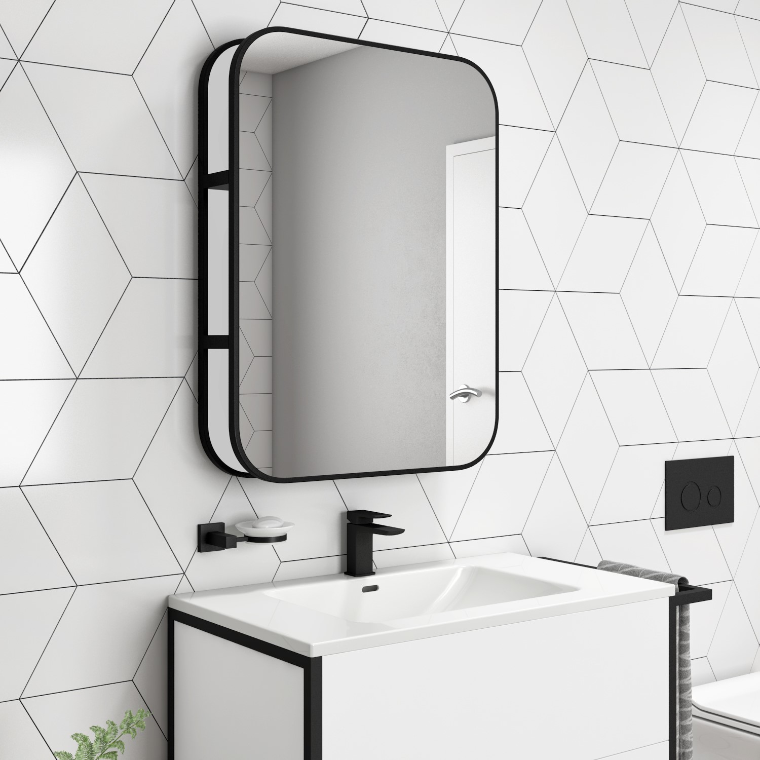 Rectangular Black Industrial Bathroom Mirror with Shelf 600x800mm -Lyra ...