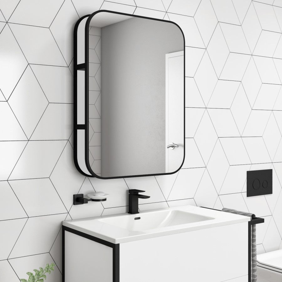 Rectangular Black Industrial Bathroom Mirror with Shelf 600x800mm -Lyra