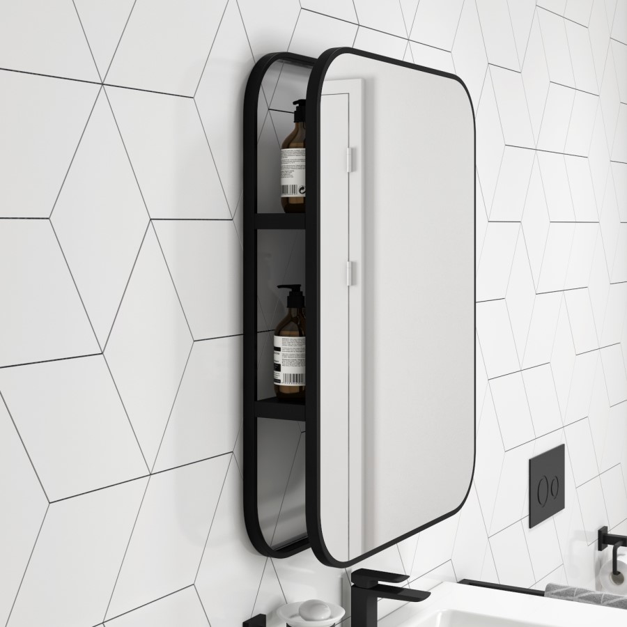 Rectangular Black Industrial Bathroom Mirror with Shelf 600x800mm -Lyra
