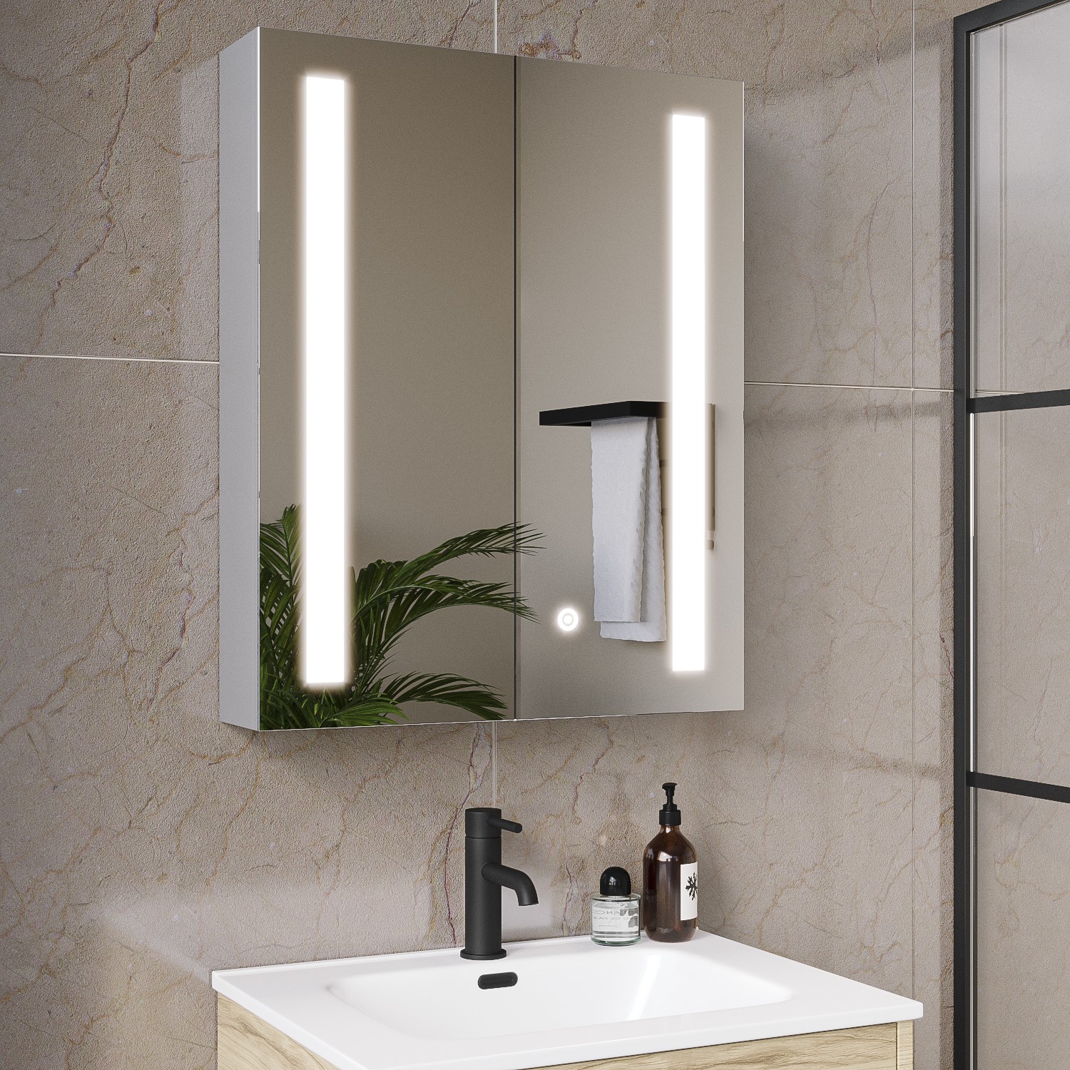 White Mirrored Wall Bathroom Cabinet with Lights 600x700mm - Capricorn ...