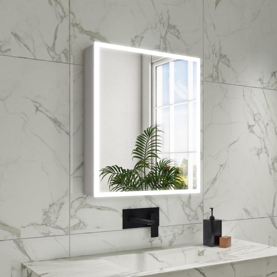 ONLY OPENED - Rectangular Mirrored Wall Cabinet with Double Doors LED Bluetooth & Demister 600x700mm -Ursa 