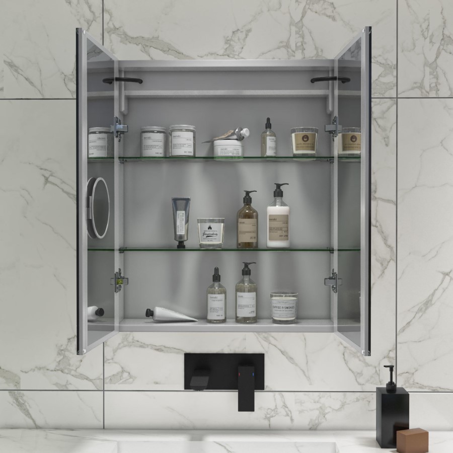 ONLY OPENED - Rectangular Mirrored Wall Cabinet with Double Doors LED Bluetooth & Demister 600x700mm -Ursa 