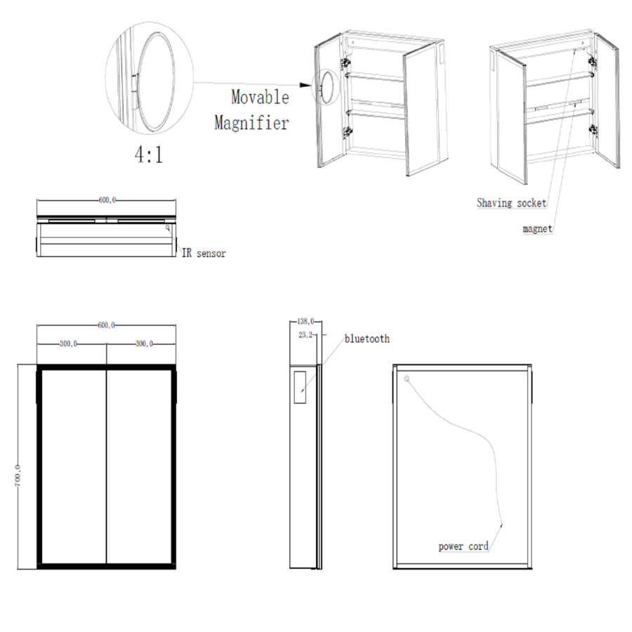 ONLY OPENED - Rectangular Mirrored Wall Cabinet with Double Doors LED Bluetooth & Demister 600x700mm -Ursa 