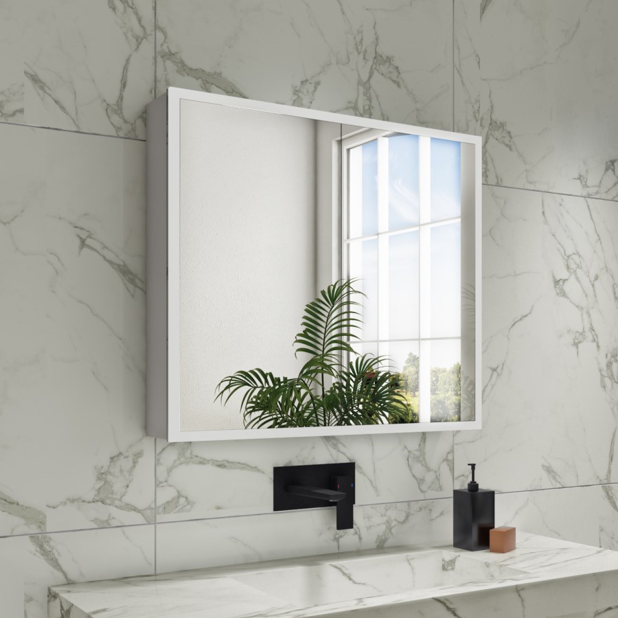 GRADE A2 - Double Door Chrome Mirrored Bathroom Cabinet with Lights Bluetooth & Demister 800 x 700mm - Ursa