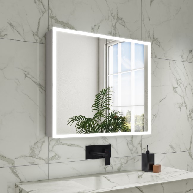 Double Door Chrome Mirrored Bathroom Cabinet with Lights Bluetooth & Demister 800 x 700mm - Ursa