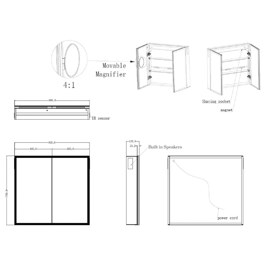ONLY OPENED - Rectangular Mirrored Wall Cabinet with Double Doors LED Bluetooth & Demister 800x700mm -Ursa 