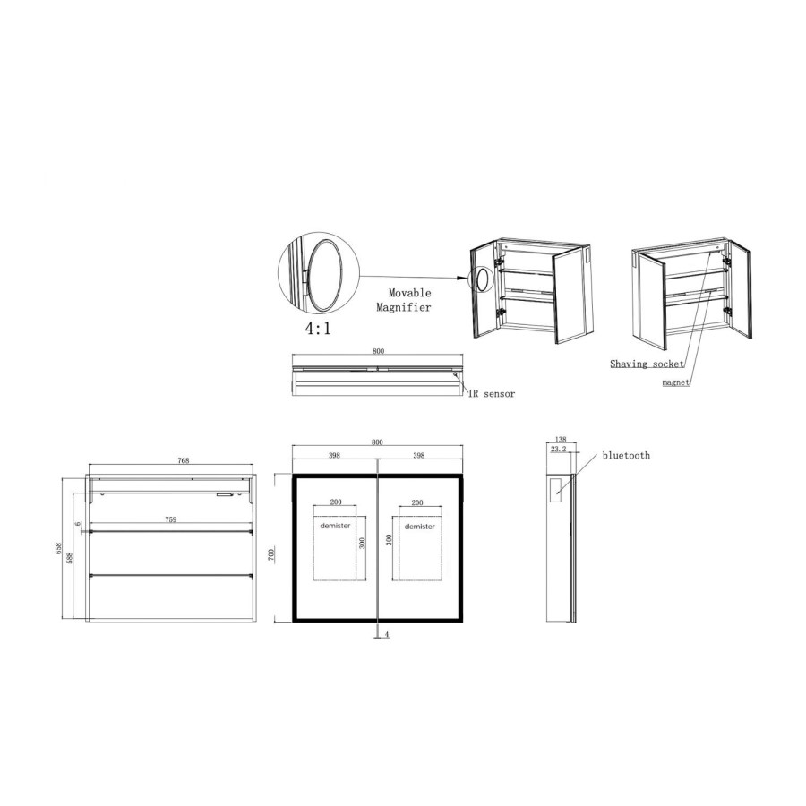 Double Door Chrome Bathroom Mirror Cabinet with Lights, Bluetooth Speaker & Demister 800 x 700mm - Ursa