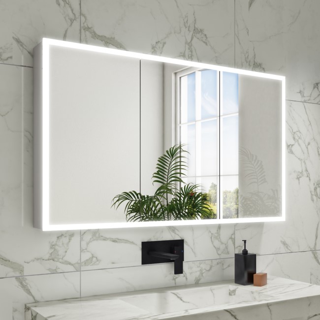 3 Door Chrome Mirrored Bathroom Cabinet with Lights Bluetooth & Demister 1200 x 700mm - Ursa