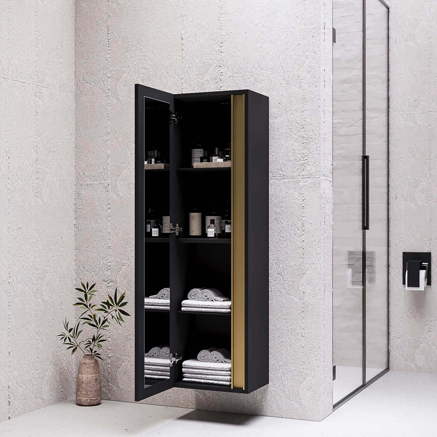 Black Wall Mounted Tall Bathroom Cabinet 400mm - Roxbi - Better Bathrooms
