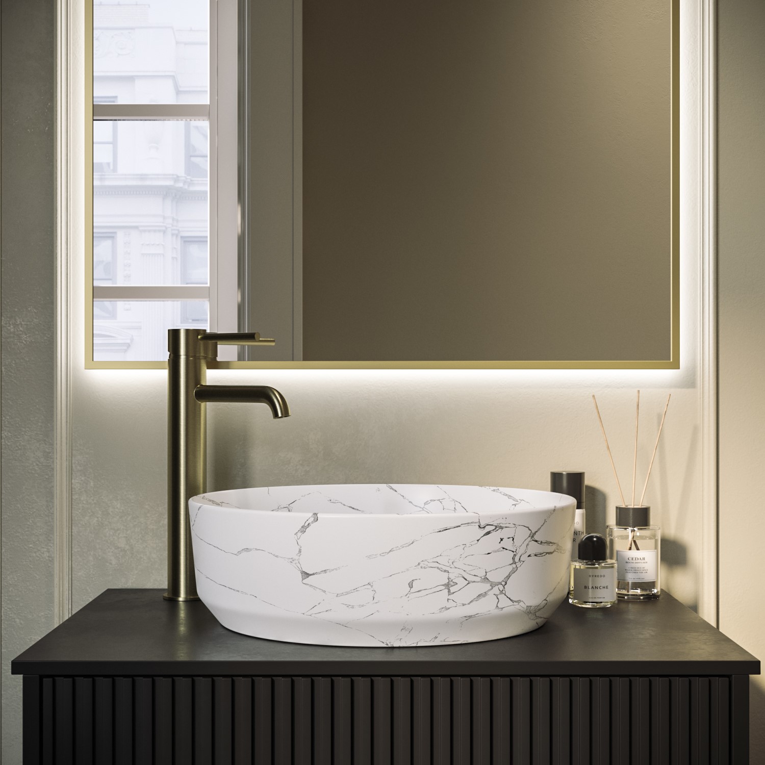 Lorano White Marble Effect Round Countertop Basin 390Mm