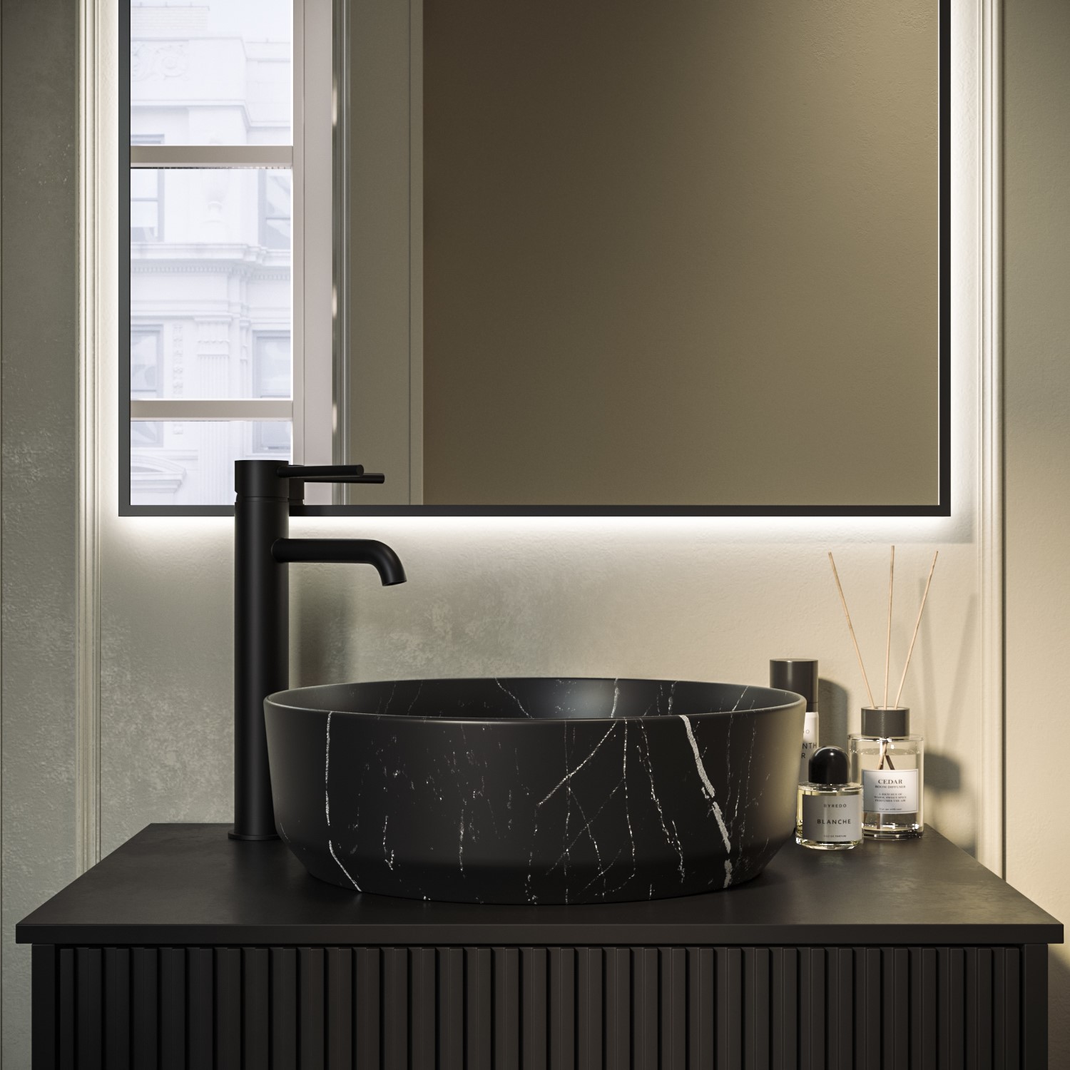 Lorano Black Marble Effect Round Countertop Basin 390Mm