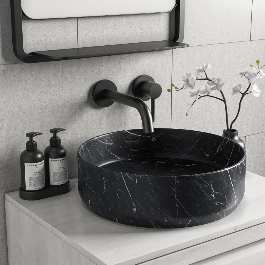 ONLY OPENED - Marble Effect Black Round Countertop Basin 390mm - Lorano