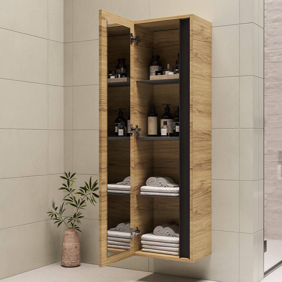 GRADE A2 - Wood Effect Wall Mounted Tall Bathroom Cabinet 420mm - Roxbi