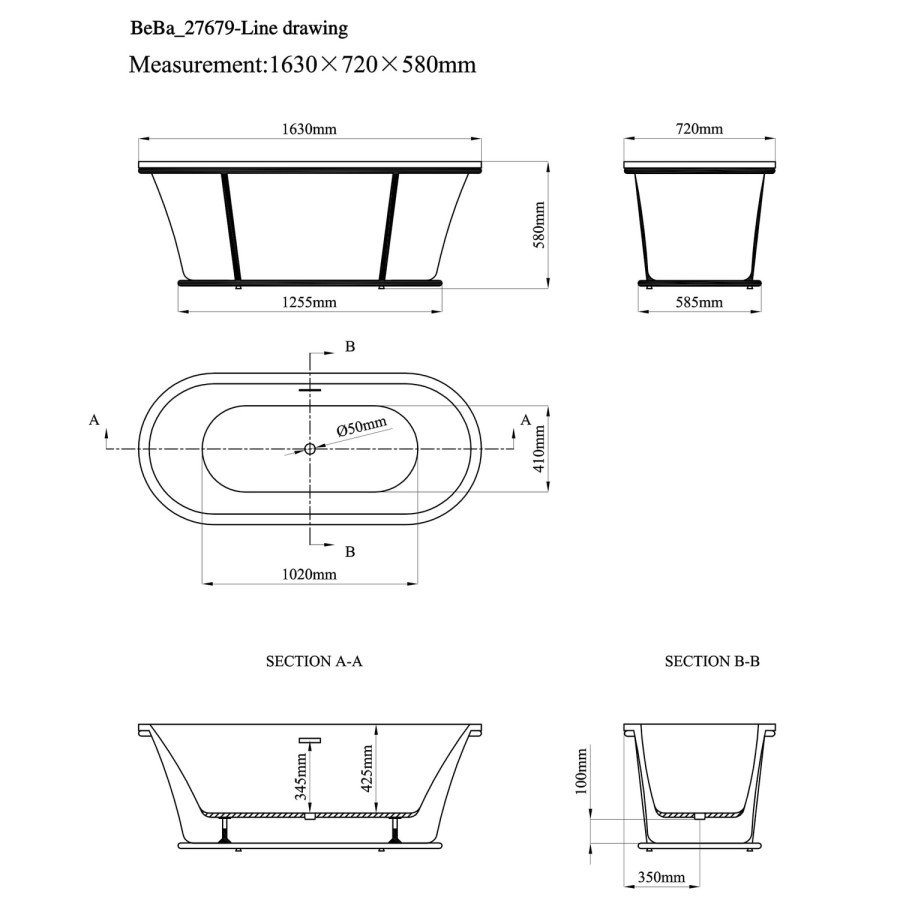 Freestanding Double Ended Bath 1630 x 720mm - Garda
