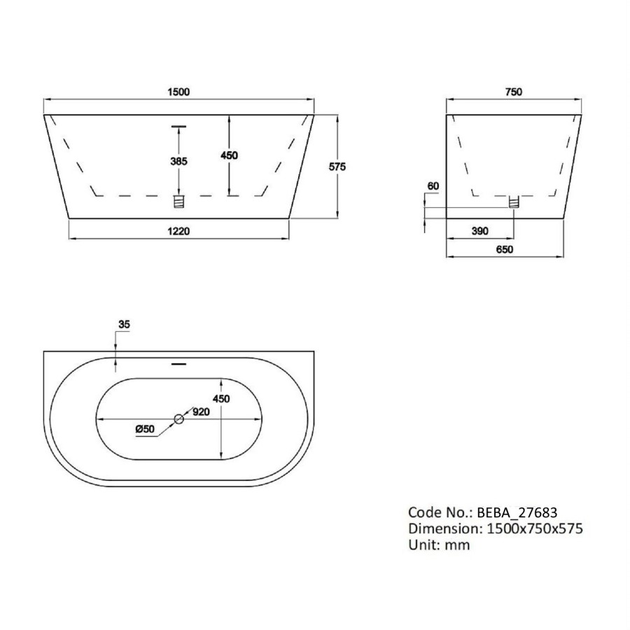 Grey Freestanding Double Ended Back to Wall Bath 1500 x 750mm - Gable