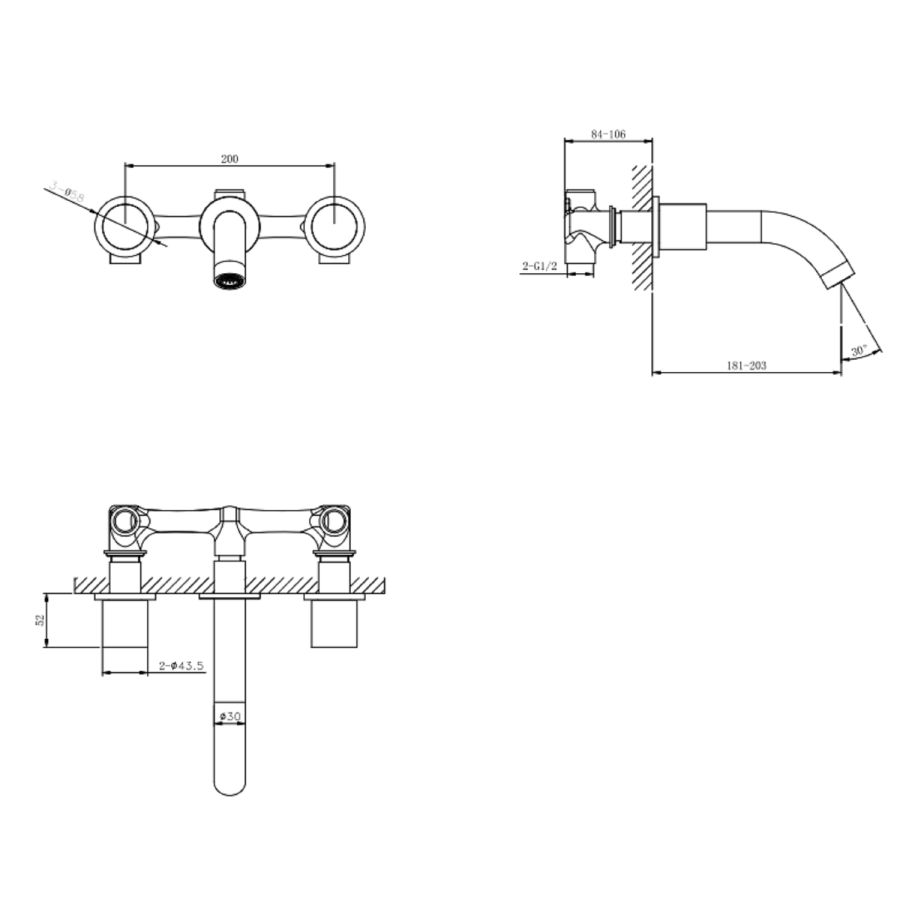 ONLY OPENED - Chrome Wall Mounted Bath Mixer Tap with Marble Handle - Lorano