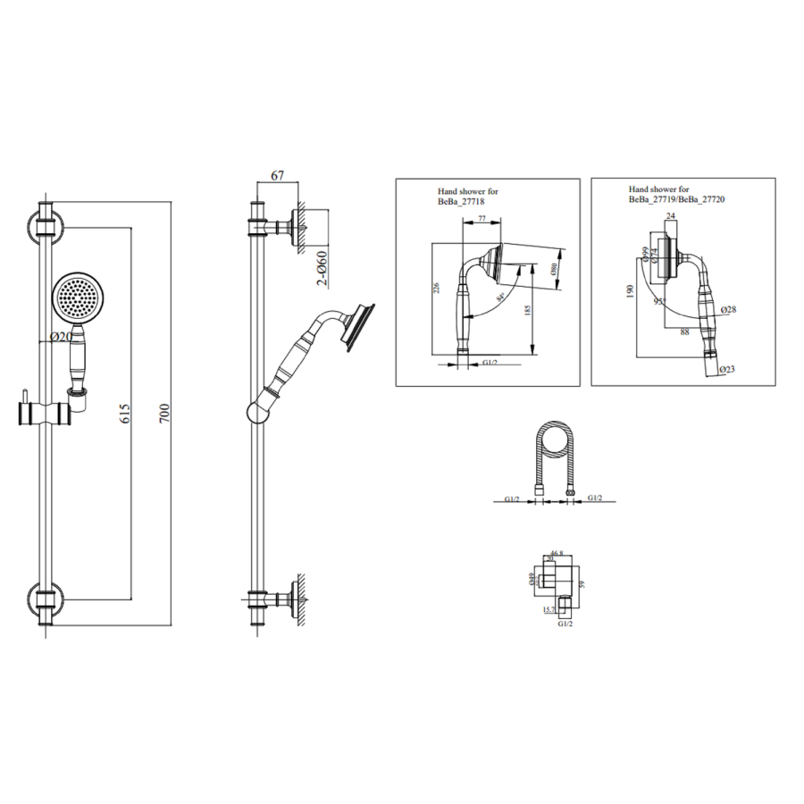 Brushed Brass Adjustable Height Slide Rail Kit with Hand Shower - Camden