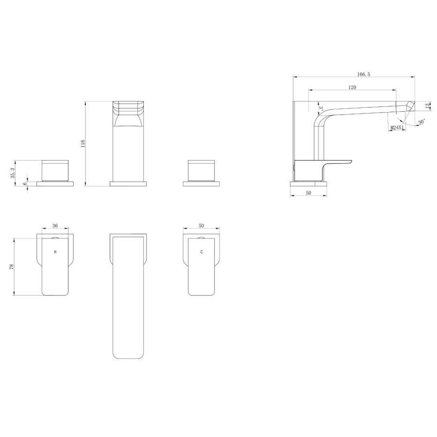 Black Bath Mixer Tap - 3 Tap Hole - Zana