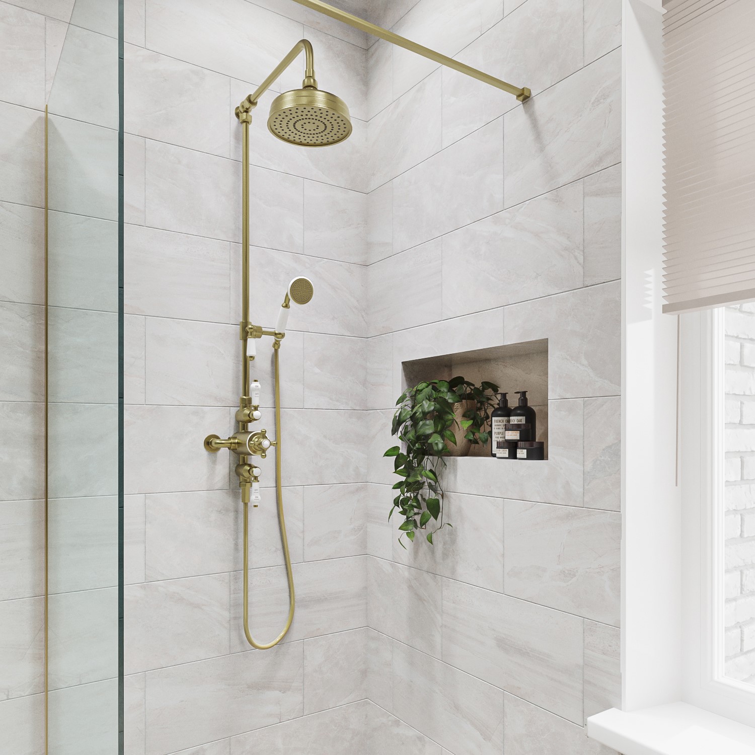 Brushed Brass Traditional Thermostatic Mixer Shower with Round Overhead