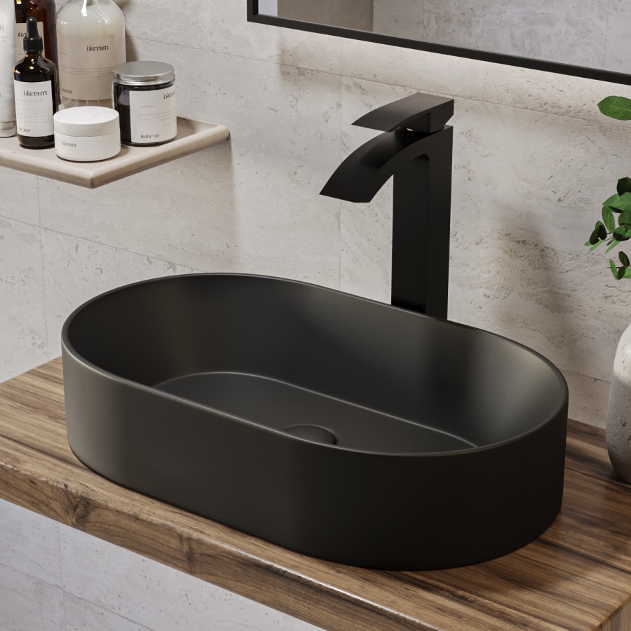 GRADE A2 - Tall Black Mono Basin Mixer Tap - Wave