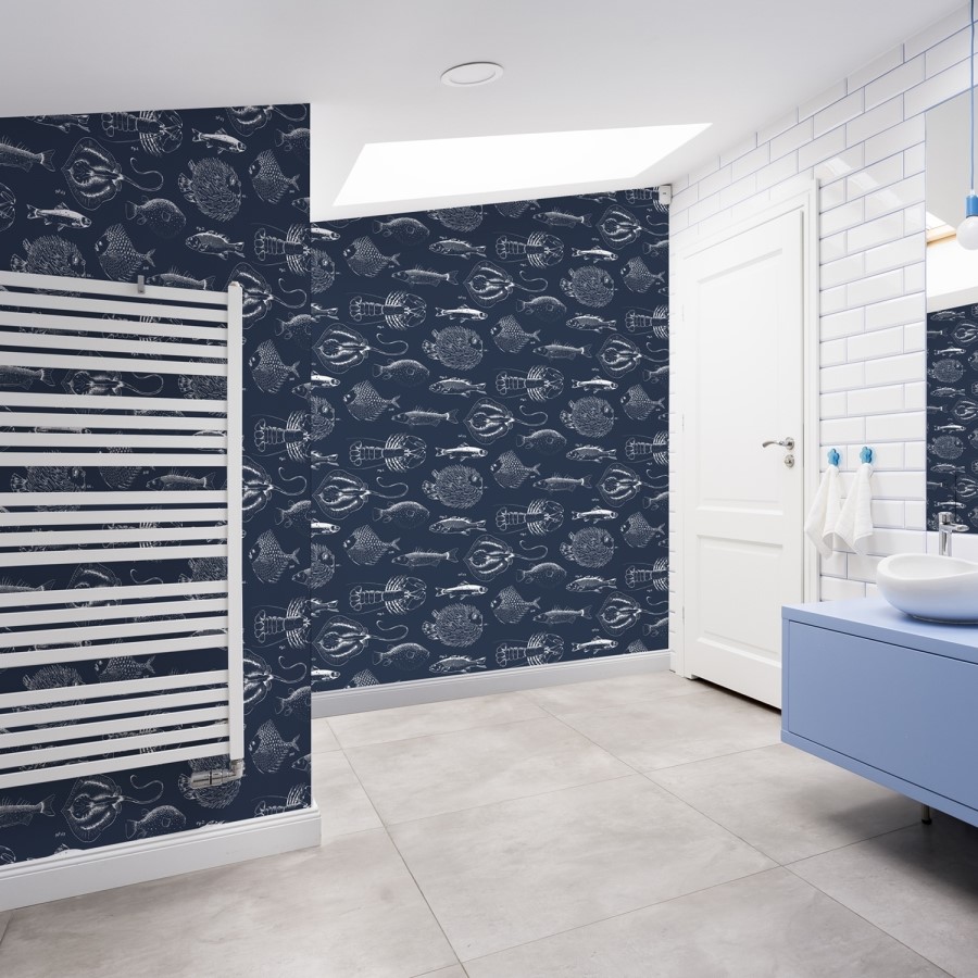 Navy & White Fish Wallpaper - Contour Antibac