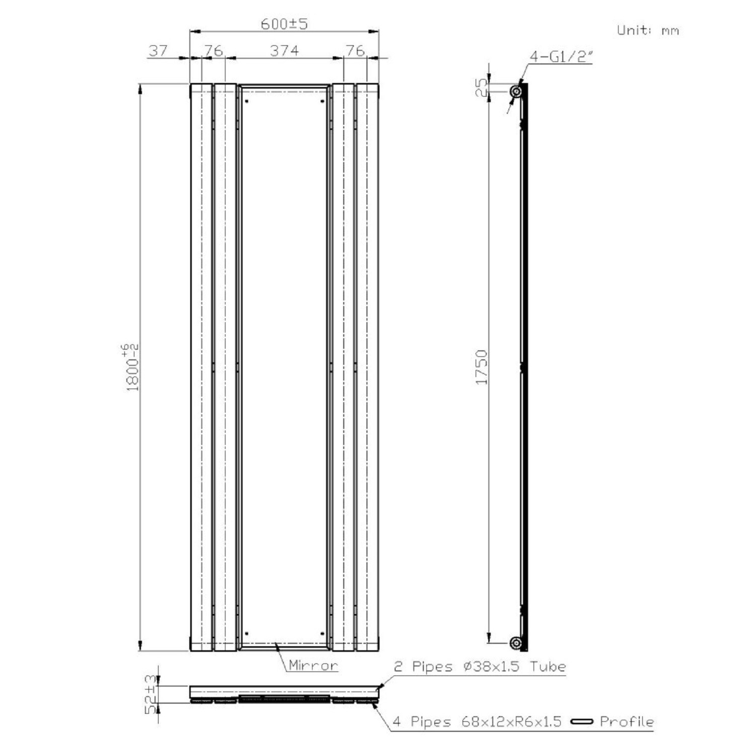 Tanami Radiator GRADE A1 - Black Vertical Single Panel Radiator with Mirror 1800 x ...