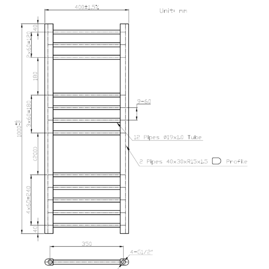 Chrome Heated Towel Radiator 1000 x 400mm - Sahara