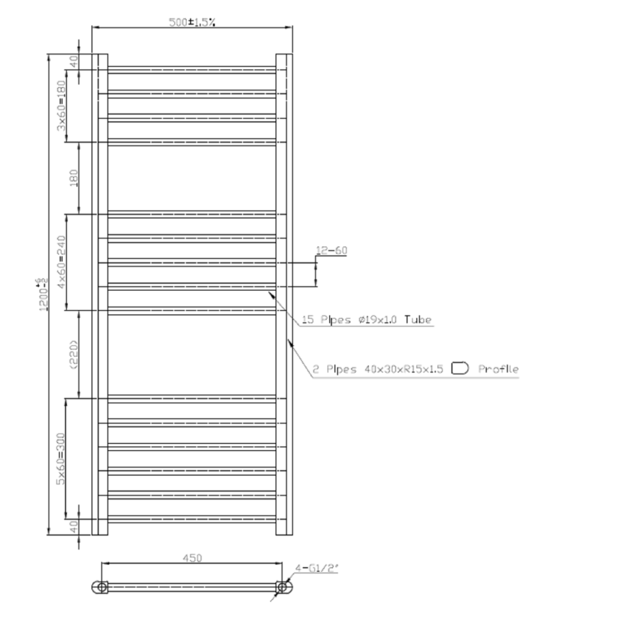Chrome Heated Towel Rail Radiator 1200 x 500mm - Sahara