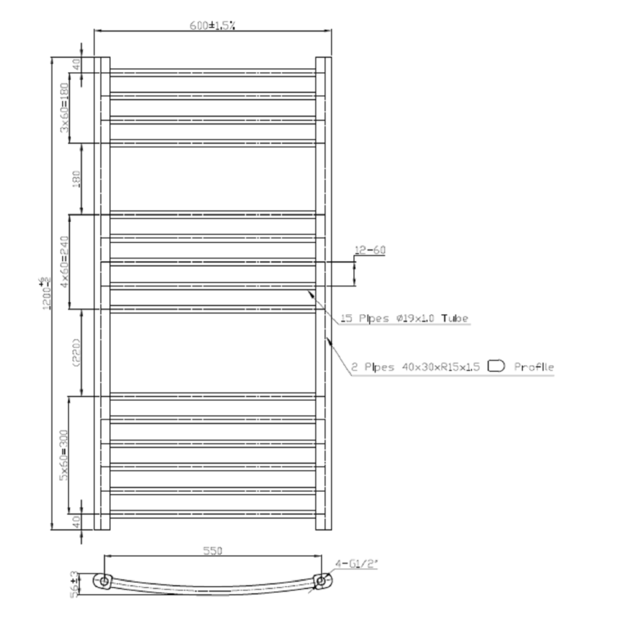 Chrome Heated Towel Rail Radiator 1200 x 600mm - Gobi